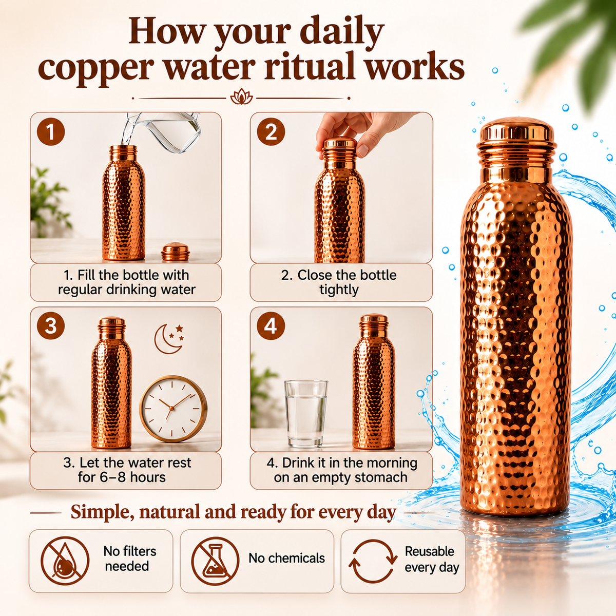 ❄️Summer Fresh 50% Off!💧Premium Water Bottle Made of 100% Solid Copper – Plastic-Free and Inspired by Ayurveda