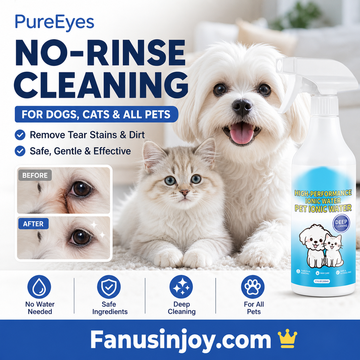 🐾50% OFF NOW ! 🐶Pet Ionic Water Cleaning Spray – tear stain removal, waterless grooming, mild safe formula, multi-pet compatible. Household pet daily care essential!