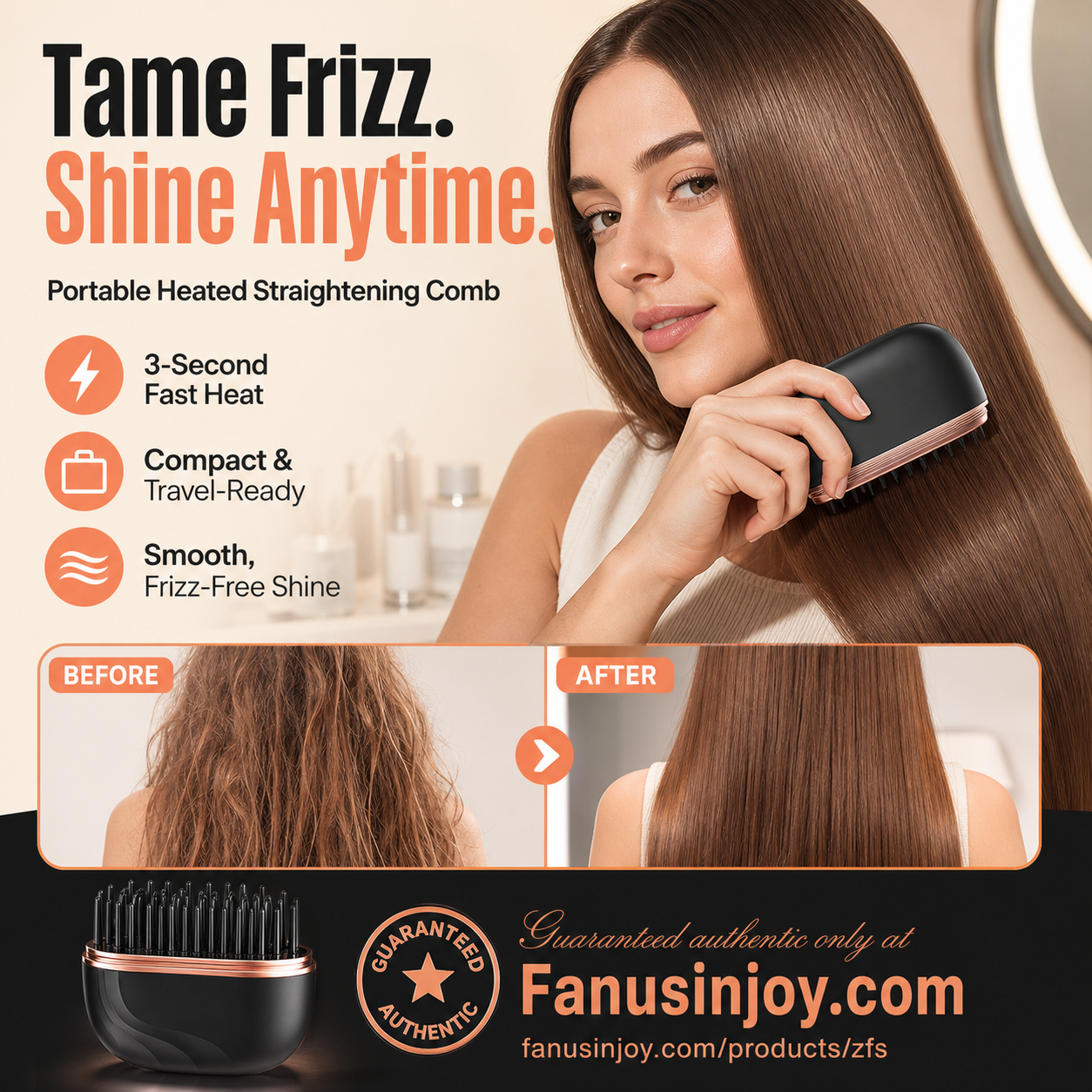 ✨️Limited time 50% off! 🔥Heats in 3 seconds 👱‍♀️style your hair anytime anywhere!Mini Cordless Hair Straightener Comb