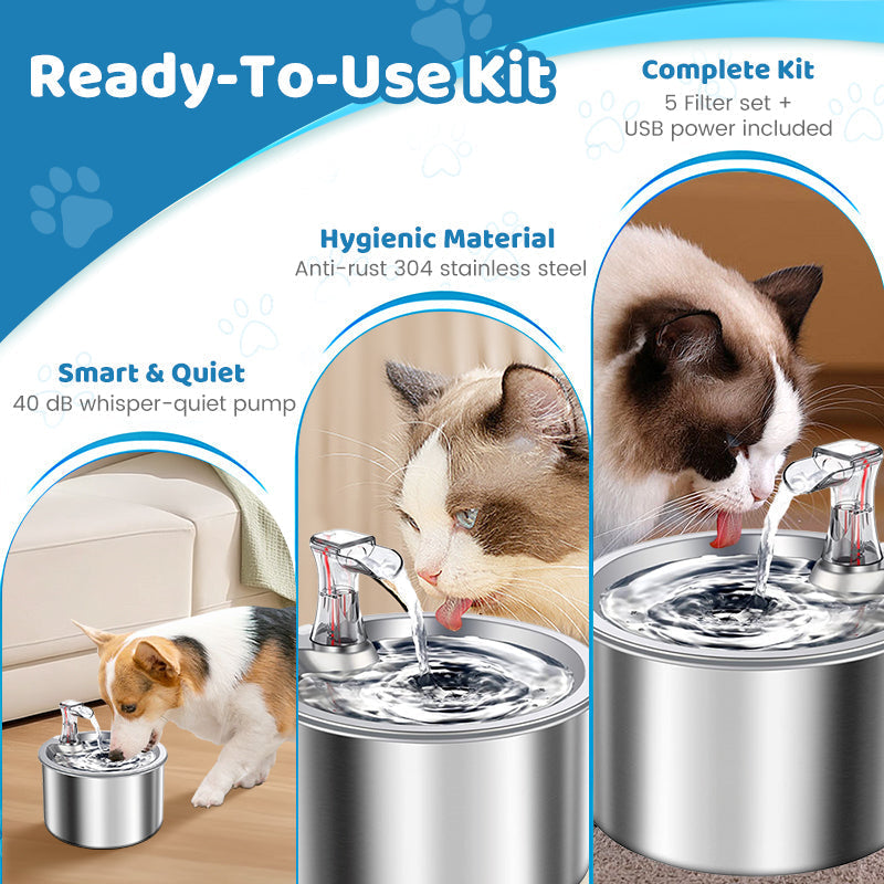 Wireless, plug-free, automatic water sensor pet drinking machine for cats and dogs. Continuous circulating fresh water intelligent drinking machine.