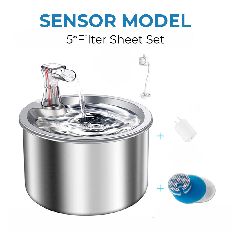 Wireless, plug-free, automatic water sensor pet drinking machine for cats and dogs. Continuous circulating fresh water intelligent drinking machine.